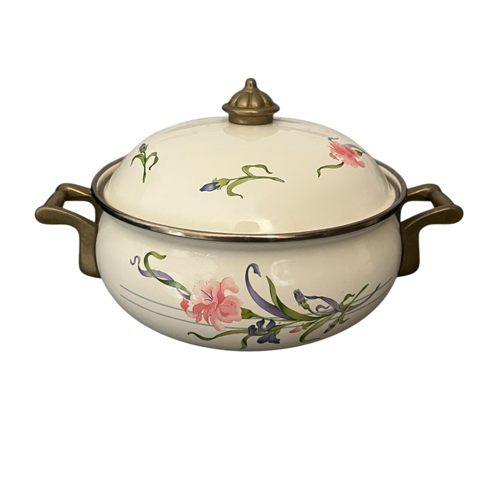 VTG Lincoware 89’ Bonnie Floral Enameled Casserole Dutch Oven Brass Handles
